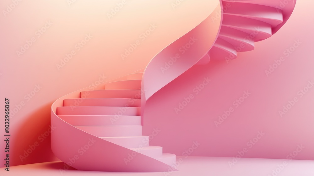 Aufkleber 3D rendering of pink spiral stairs with cylindrical design set against an abstract background in pastel hues creating a minimalistic scene