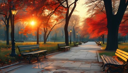 Serene Autumn Park A Tranquil Walk Among Vibrant Fall Foliage and Golden Sunlight