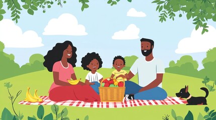 Fototapeta premium A family enjoys a picnic together on a blanket with fruits and a dog in a sunny park.