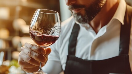 Man in apron evaluating red wine in glass