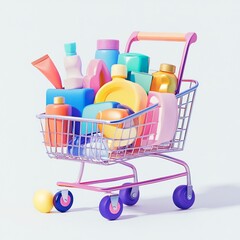 Shopping cart filled with colorful products, white background, minimalistic illustration