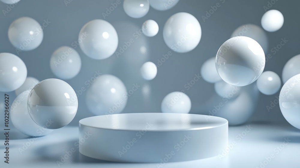 Aufkleber Abstract 3D white cylinder pedestal featuring floating white spheres Ideal setting for product display and presentation Futuristic silver minimalist environment Modern studio backdrop