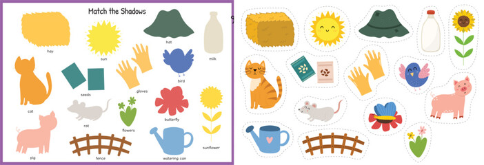 Cut and glue game with cute farm characters and objects. Educational activity page for kids. Matching game for school and preschool. Vector illustration