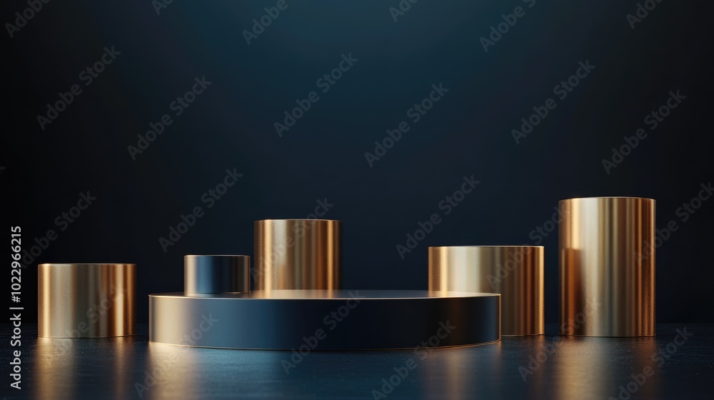 Poster brown cylindrical podium featuring various gold shapes against a dark blue background backdrop desig