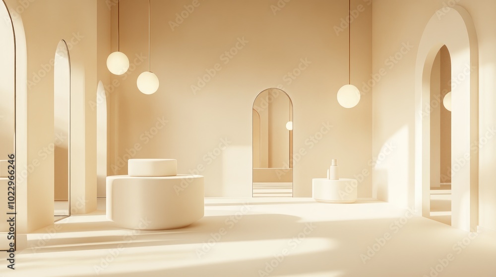 Aufkleber 3D rendering of an abstract cosmetic background featuring a minimalist podium for product display An empty scene with spherical lighting and mirrors complemented by a pastel cream wall Fashion sho