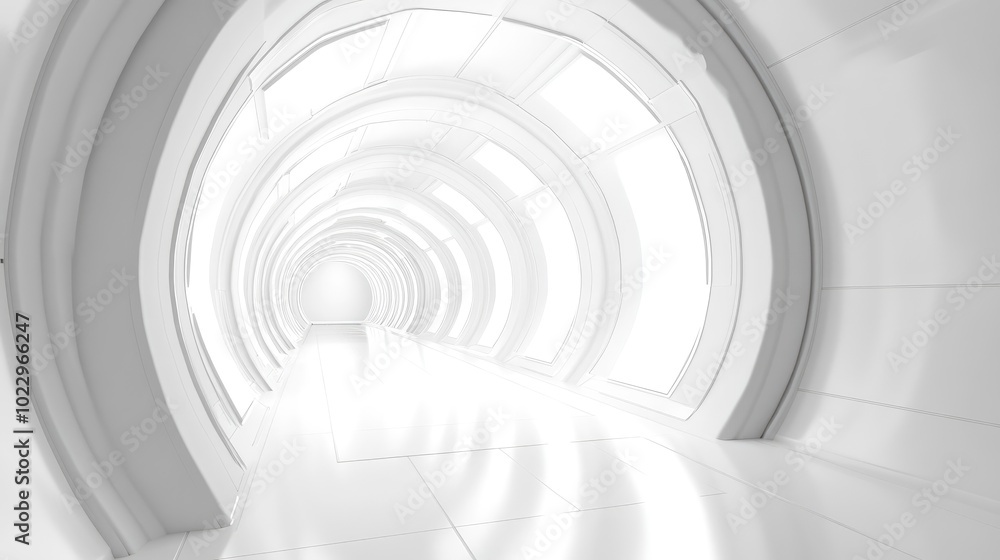 Poster 3D rendering of a white abstract sci fi tunnel resembling a futuristic spaceship corridor