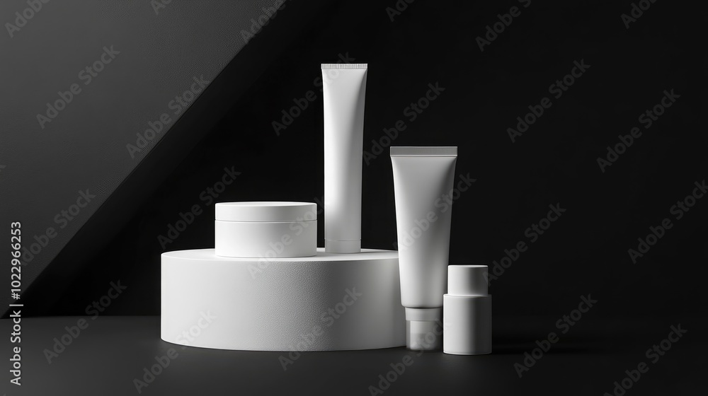 Poster 3d white podium rendering for cosmetic product display on black background