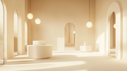 3D rendering of an abstract cosmetic background featuring a minimalist podium for product display An empty scene with spherical lighting and mirrors complemented by a pastel cream wall Fashion sho