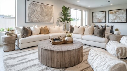 Stylish and cozy living room with modern decor featuring a sectional sofa and a round wooden coffee table