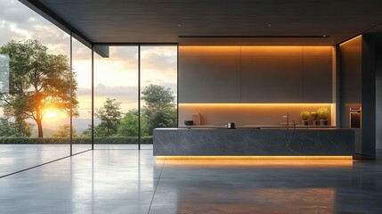 a sleek modern kitchen showcases minimalist design with large windows marble countertops and a blank wall on the left ideal for creative mockups and layout templates