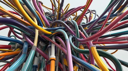 Multicolored pipes and wires looped and intertwined, forming a dense, chaotic network against a neutral background