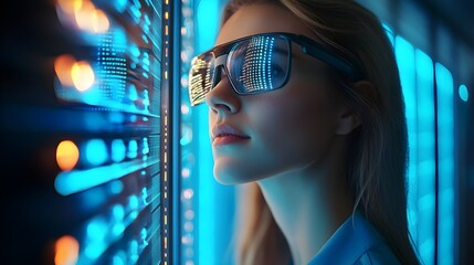 Close-up of female IT technician wearing smart glasses, futuristic interface reflected on her face, surrounded by glowing data servers, blue neon lights, digital, high detail