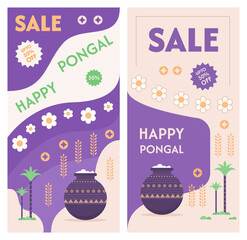 Happy Pongal background design with sugarcane, wheat, pongal pot, and other decorations. Vector illustration.