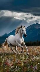 Fototapeta premium wildflower meadow galloping horse white horse dramatic sky mountains nature landscape running freedom 