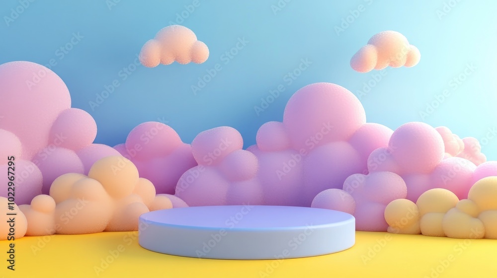 Poster 3D rendering of a podium with a cloud scene suitable for children s product presentation
