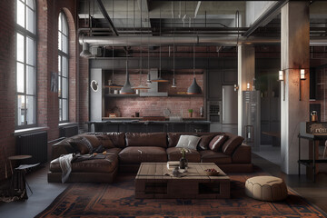 living room interior design, Sleek industrial-style loft with exposed brick walls, a dark leather sectional, and a reclaimed wood coffee table, accented by minimalist pendant lights 