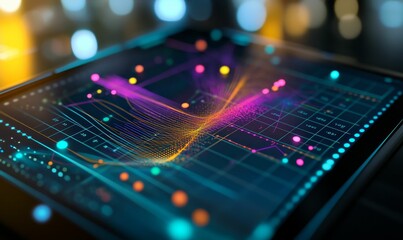 A tablet screen with colorful data visualizations.