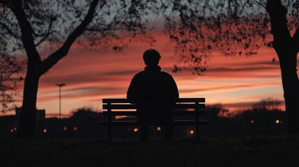 Obraz premium Person silhouetted on a park bench at dusk, the sky awash with sunset colors, adding to the atmosphere of melancholy
