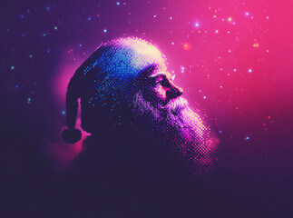 Silhouette of a Santa Claus made out of purple blue pink dots grid with a retro vibe.