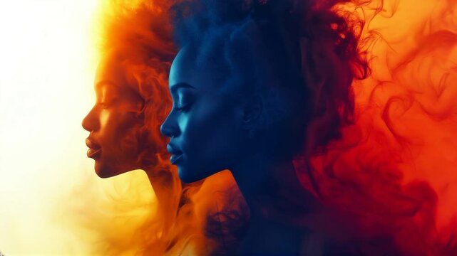 Black History Month. Artistic double exposure portrait of a woman in profile, blending warm orange and cool blue tones with swirling smoke effects, symbolizing duality and contras