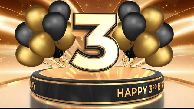 3 year, 3rd birthday loop, looped video background, backdrop in 3D Gold with balloons
