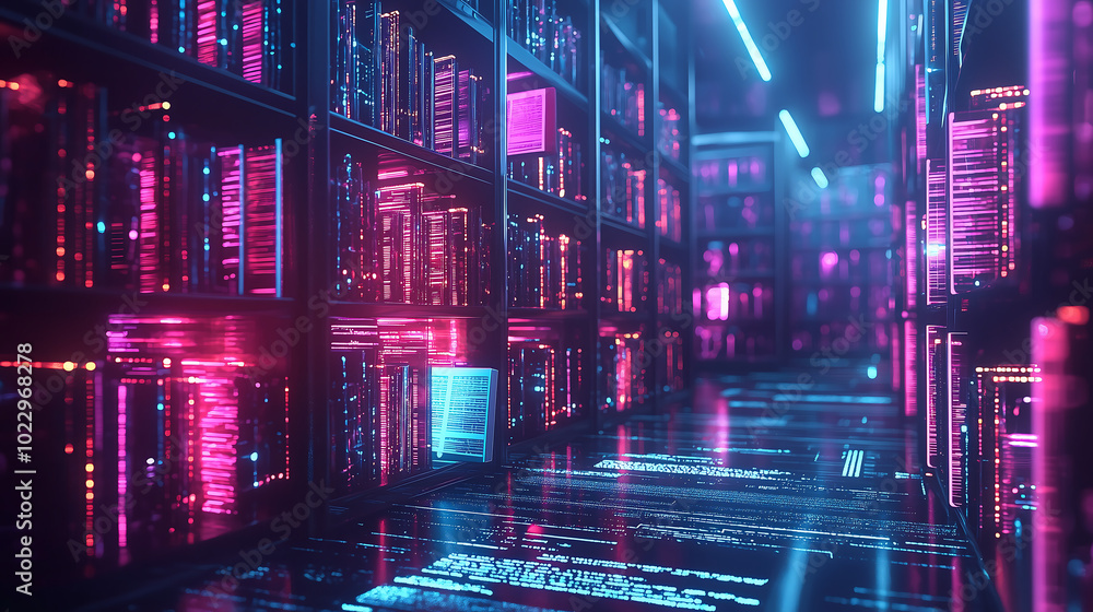 Poster futuristic digital library with glowing neon shelves and high tech elements in sci fi virtual enviro