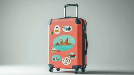 This bright coral suitcase features an array of travel stickers depicting famous landmarks and activities, set against a simple backdrop that emphasizes its colorful design.