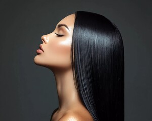 Beautiful woman with long black hair in profile, high-resolution photo for beauty and fashion magazine advertising of a healthy