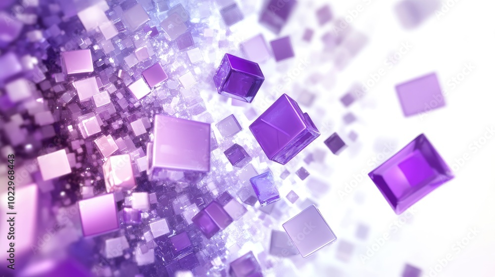 Aufkleber Abstract purple bokeh squares on a white background Fantasy fractal design Digital artwork 3D rendering