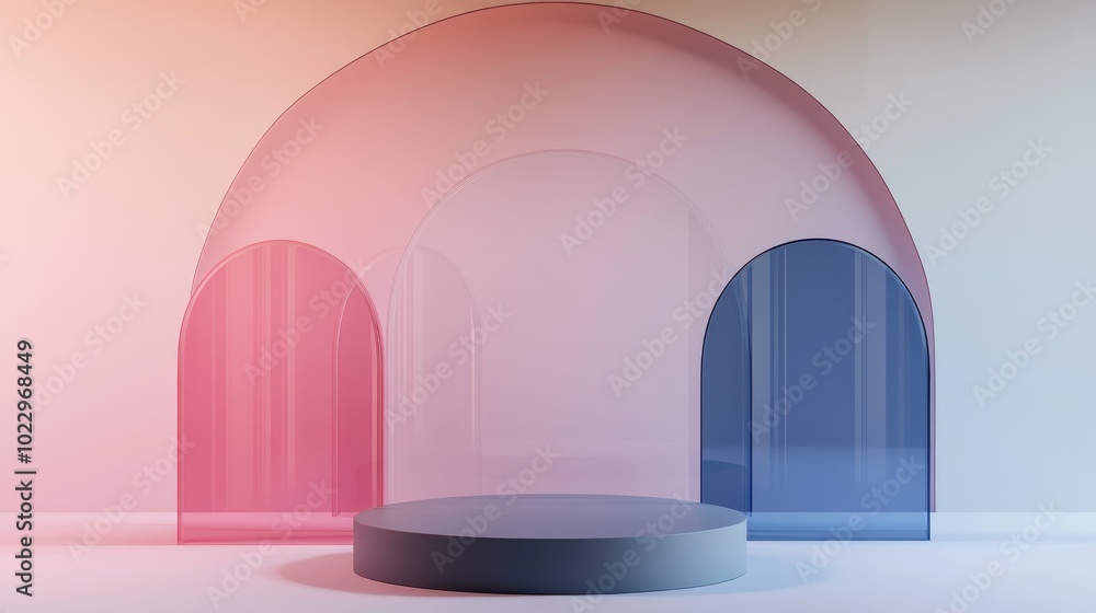 Poster 3d render featuring an abstract geometric background with translucent pink and blue glass arches a m