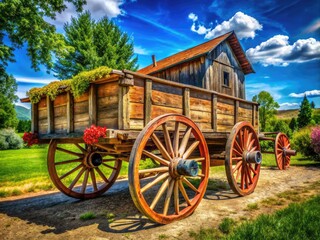 Obraz premium Rustic Antique Wood Wagon for Farm Decor, Vintage Transportation, and Nostalgic Outdoor Settings