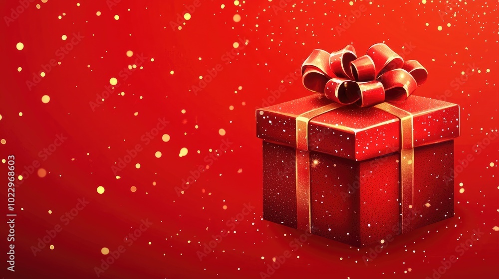 Poster a stunning red gift box adorned with a ribbon and bow positioned against a lively red backdrop ideal