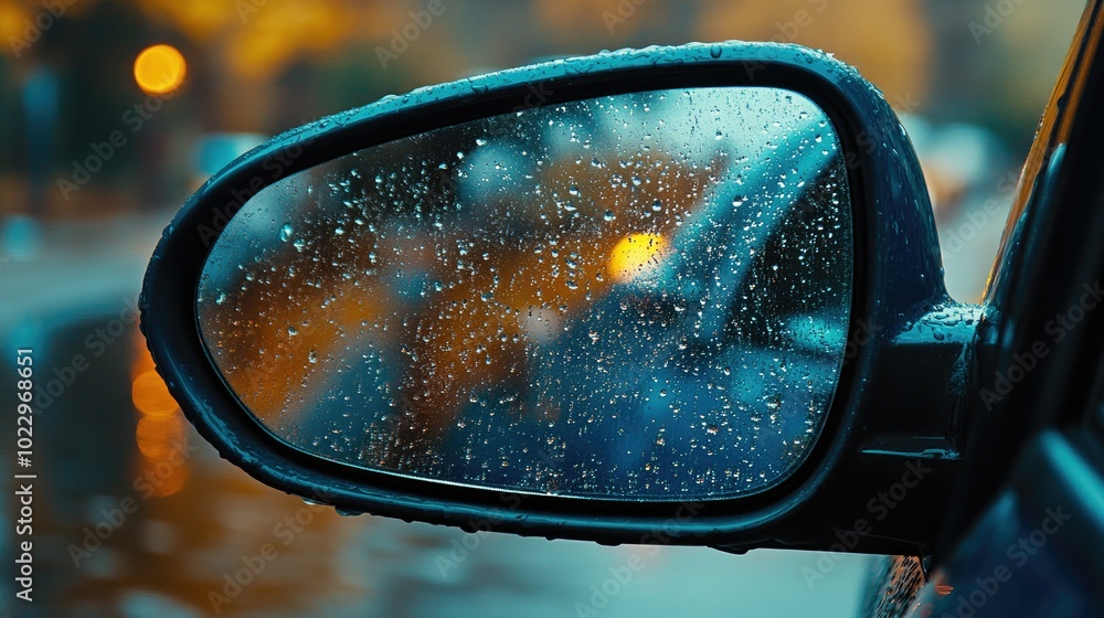 Poster raindrops on the side mirror of a car, distorting reflections and reducing visibility in bad weather