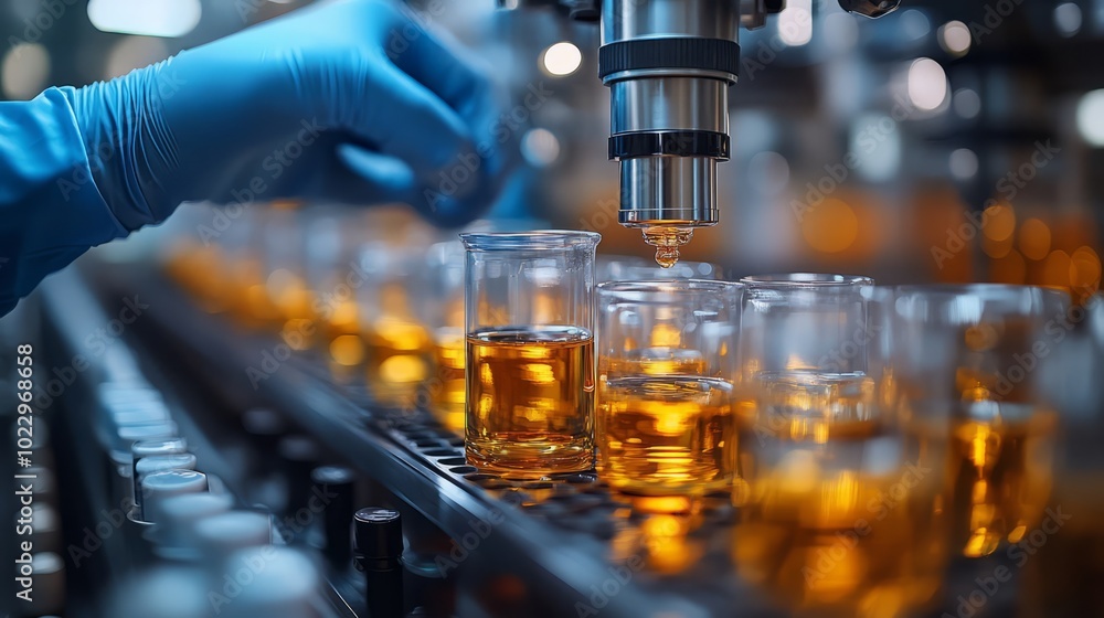 Poster precision in production: a close-up of a gloved hand carefully operating a complex machine, filling 