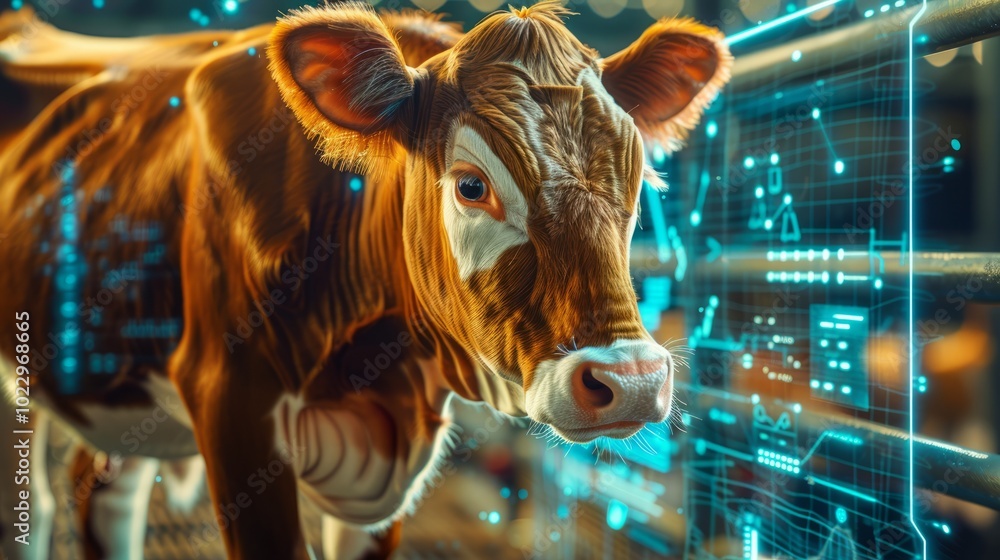 Poster A cow is standing in front of a computer screen with a blue background