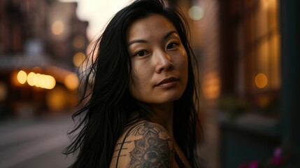 Elegant tattooed woman with a reflective gaze, evening city lights creating a bokeh effect in the background.