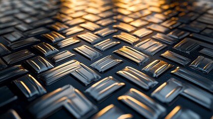 Diamond plate sheet metal with raised 3D chrome details, silver and gold tones, reflective diamond shapes, high-gloss finish with bright highlights