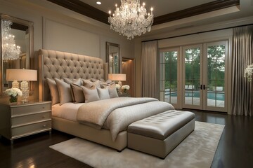 Luxury bedroom interior, plush taupe bed adorned with soft, decorative pillows, stylish bed frame, crystal chandelier, French doors to a swimming pool.