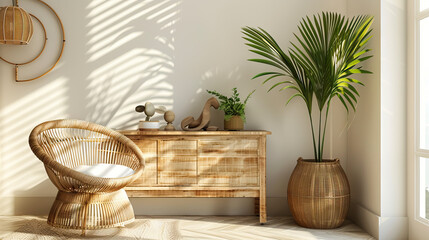 Scandinavian Style Living Room with Rattan Chair and Wooden Cabinet