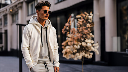 A man wearing a white hoodie and sunglasses stands confidently, exuding a cool and casual vibe, in the blur street background
