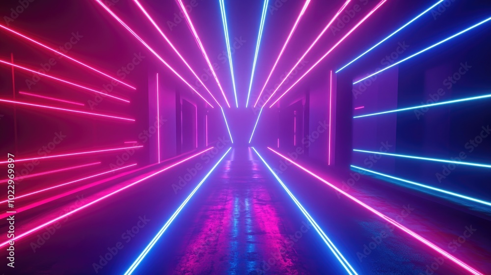 Aufkleber 3D rendering of a vibrant laser display with illuminated lines in a nightclub setting featuring an abstract fluorescent backdrop in a corridor