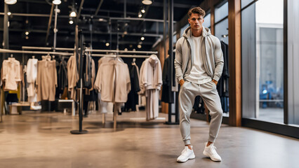 A man dressed in a grey sweatshirt and white sneakers poses, embodying a relaxed and modern fashion sense, in the blur shop background