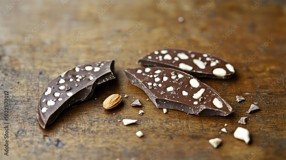 Poster broken pieces of real chocolate with nuts on wooden background