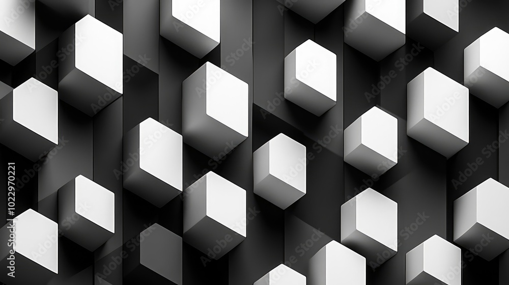 Poster 3d black and white geometric shapes pattern artwork ideal for wall design tiles or carpet applicatio