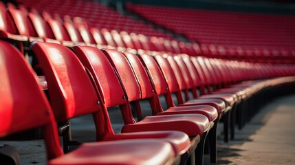 Fototapeta premium Rows of empty red stadium seats, showing an elevated perspective, aligned for spectator seating.