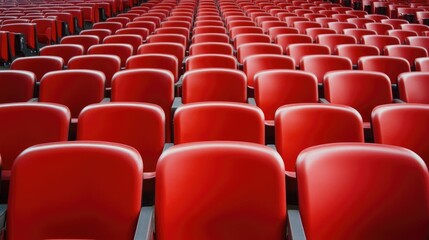 Obraz premium Rows of empty red stadium seats, showing an elevated perspective, aligned for spectator seating.