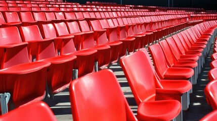 Fototapeta premium Rows of empty red stadium seats, showing an elevated perspective, aligned for spectator seating.