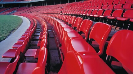 Obraz premium Rows of empty red stadium seats, showing an elevated perspective, aligned for spectator seating.