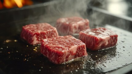 Four juicy, raw beef steaks sizzling on a hot griddle, steam rising around them.