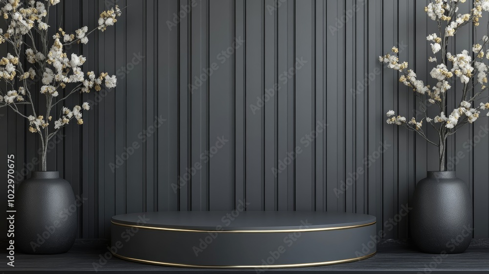 Aufkleber 3D rendering of a top view flat lay display featuring a dark graphite gray cylinder podium serving as a minimalistic and luxurious photography backdrop with a golden line